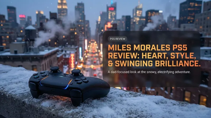 Miles Morales in his black-and-red suit swinging over snowy Harlem