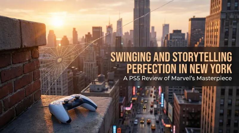 Spider-Man swinging between Manhattan skyscrapers at golden hour