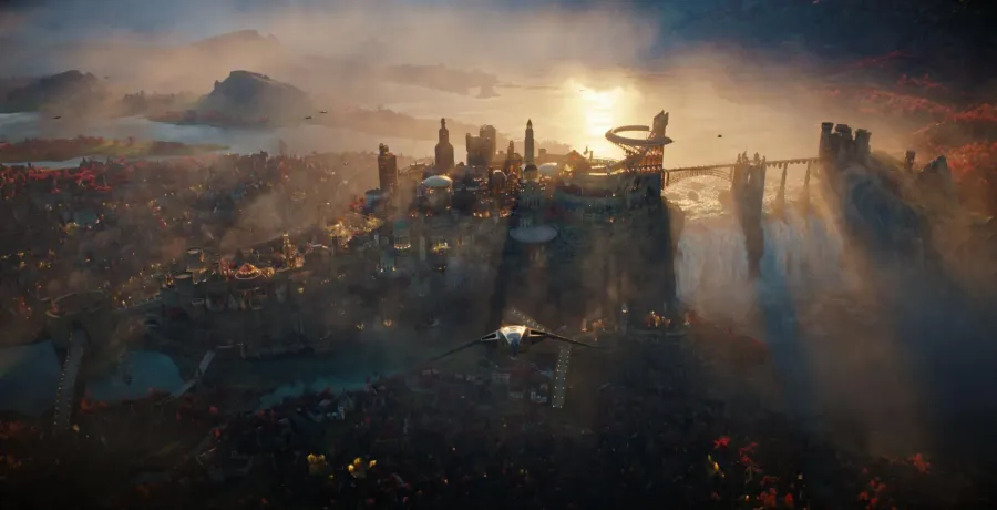 Wide shot of Eternia at sunrise, a spired city built across a cliff face above mist and forest