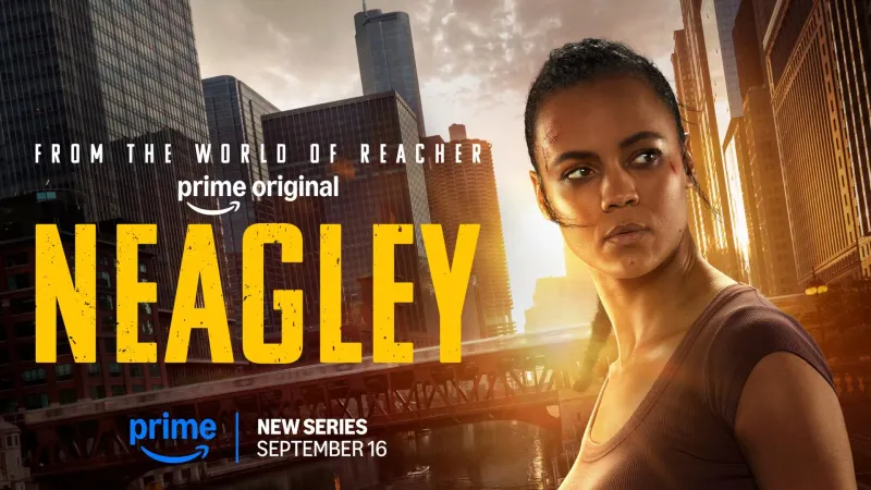 Neagley key art with Maria Sten as Frances Neagley over a Chicago skyline, billed as from the world of Reacher