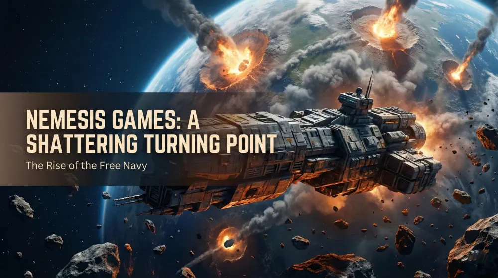 Nemesis Games book cover showing the destruction of Earth