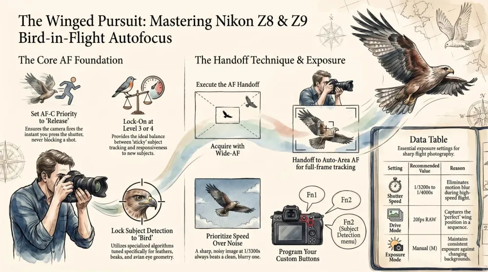 Nikon Z8 camera menu showing autofocus settings configured for bird-in-flight photography