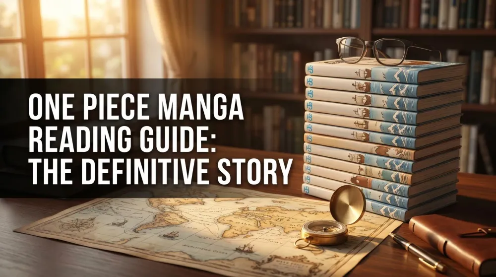 A stack of One Piece manga volumes by Eiichiro Oda next to a Going Merry LEGO set