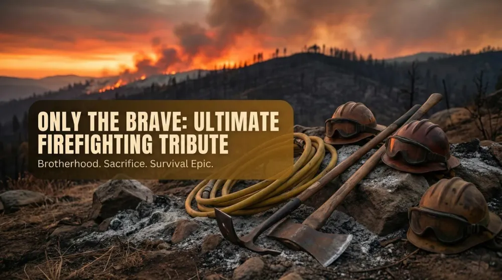 Josh Brolin and Miles Teller as Granite Mountain Hotshots in front of a forest fire