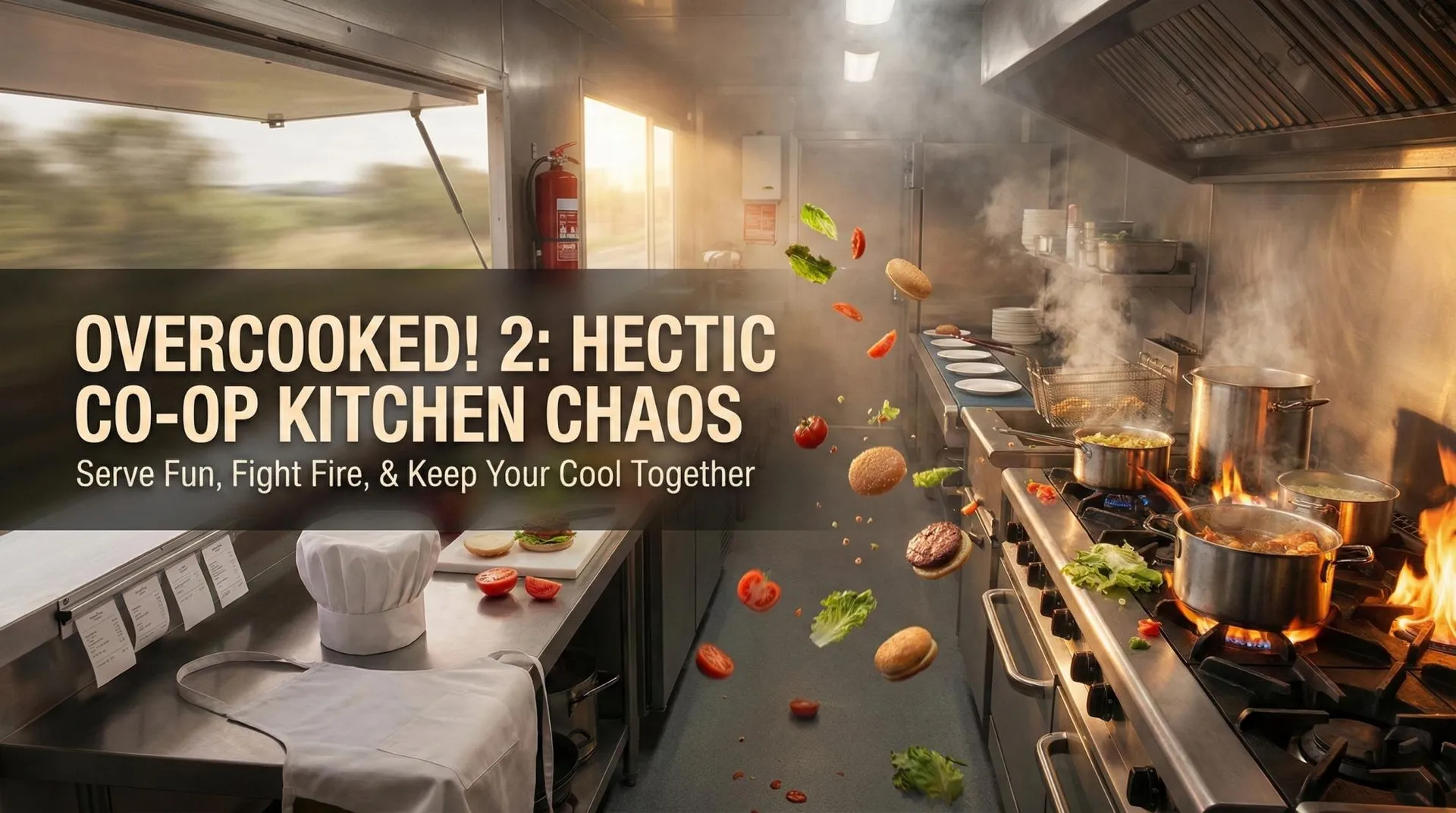 Four chefs chopping, frying, and throwing ingredients in a frantic Overcooked 2 kitchen
