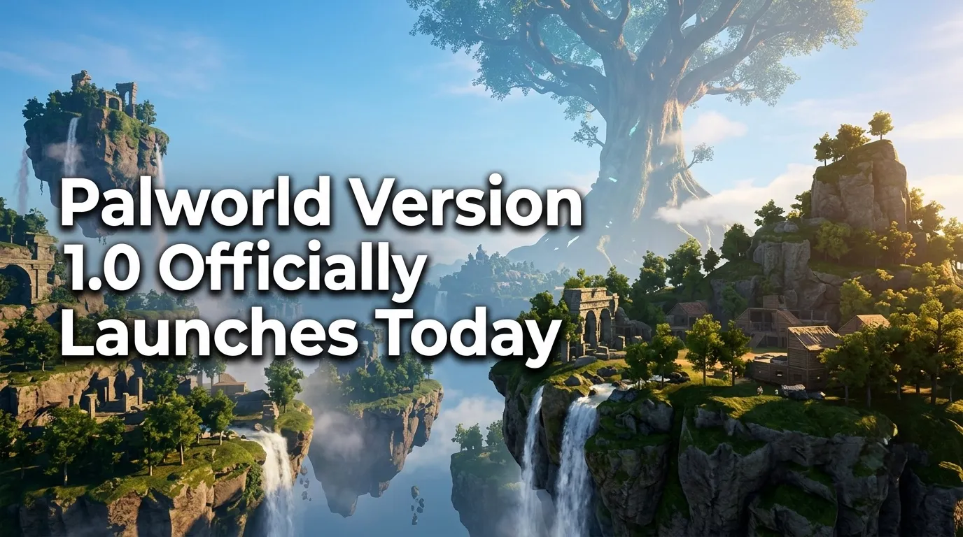 Key art from the Palworld Version 1.0 launch trailer showing Pals across the new Sky Islands area