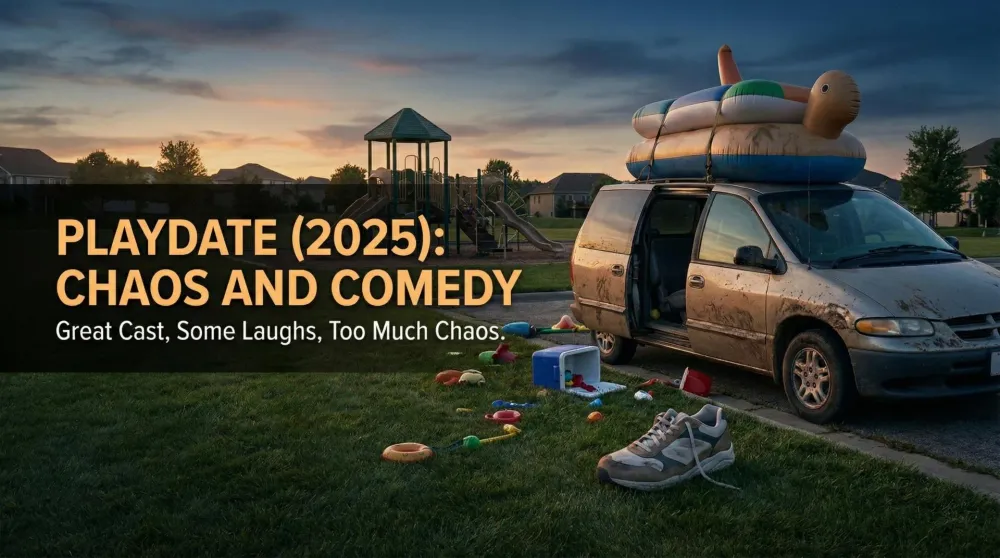 Kevin James and Alan Ritchson standing by a minivan at dusk, looking worried
