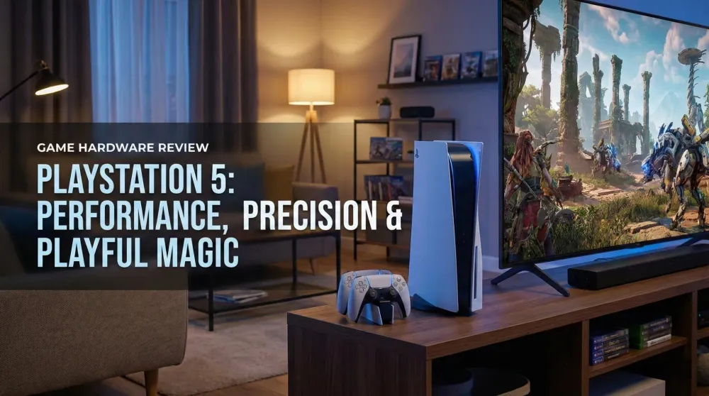 PlayStation 5 console with DualSense controller under dramatic lighting