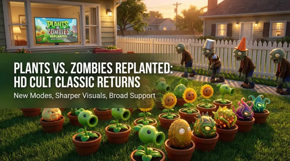Plants vs. Zombies: Replanted key art with peashooters facing an oncoming zombie horde