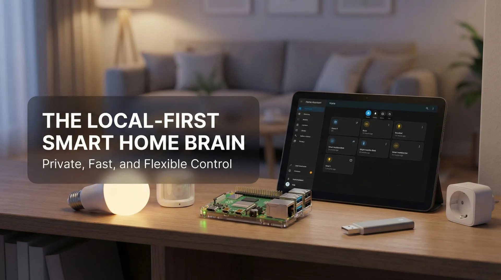 Raspberry Pi with Home Assistant dashboard on a tablet, surrounded by smart bulbs and sensors