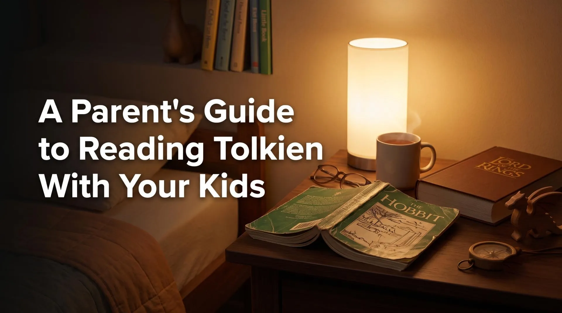 A parent reading The Hobbit aloud to a child at bedtime