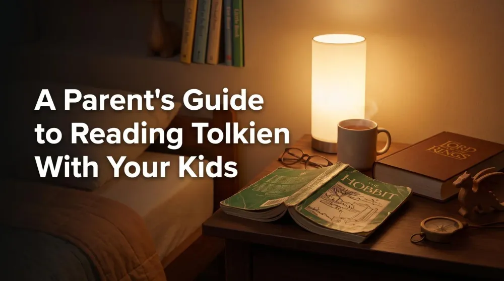 A parent reading The Hobbit aloud to a child at bedtime