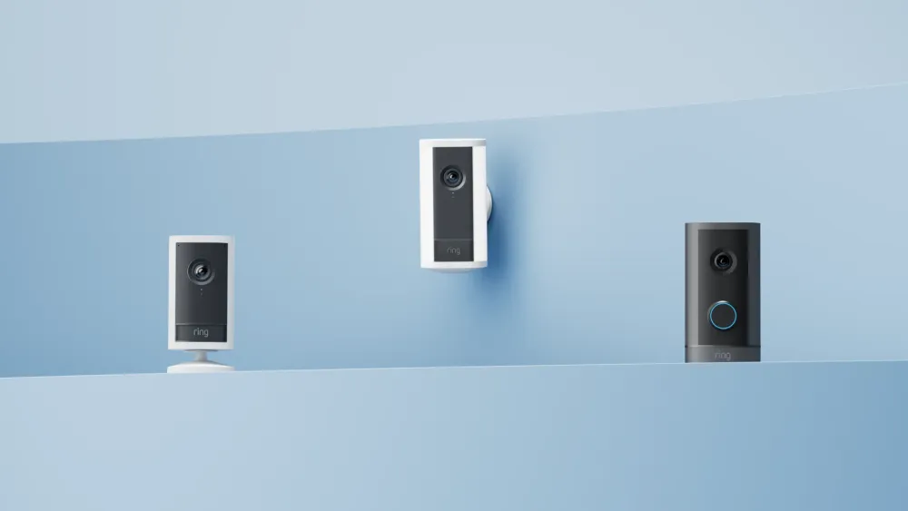 The Ring camera lineup: an Indoor Cam, a Stick Up Cam, and a Video Doorbell