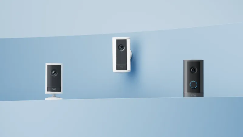 The Ring camera lineup: an Indoor Cam, a Stick Up Cam, and a Video Doorbell