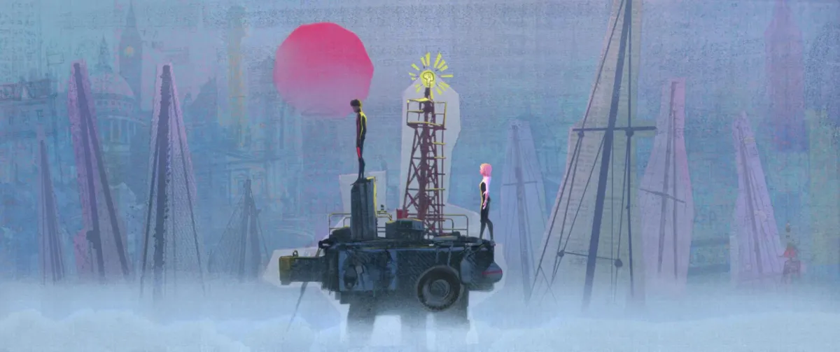 Miles Morales and Spider-Gwen standing on a fog-covered industrial platform overlooking a stylized multiverse city skyline
