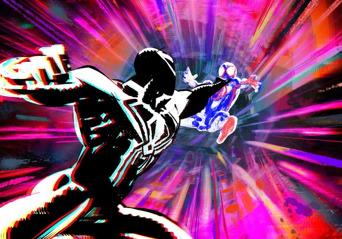 Miles Morales confronted by a menacing armored Prowler variant in Spider-Man: Beyond the Spider-Verse