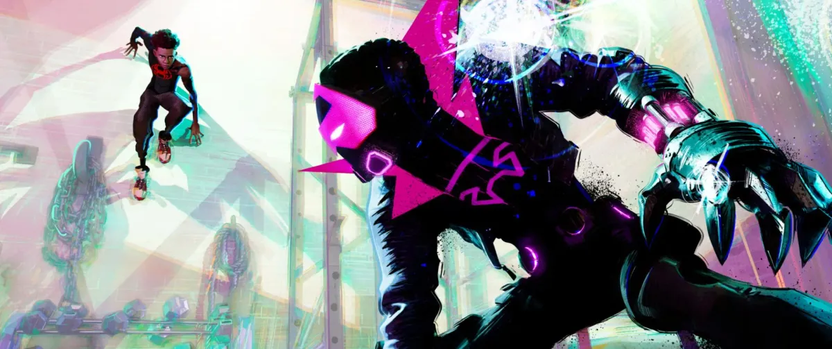 Miles Morales confronted by a menacing new Prowler-armored villain in Spider-Man: Beyond the Spider-Verse