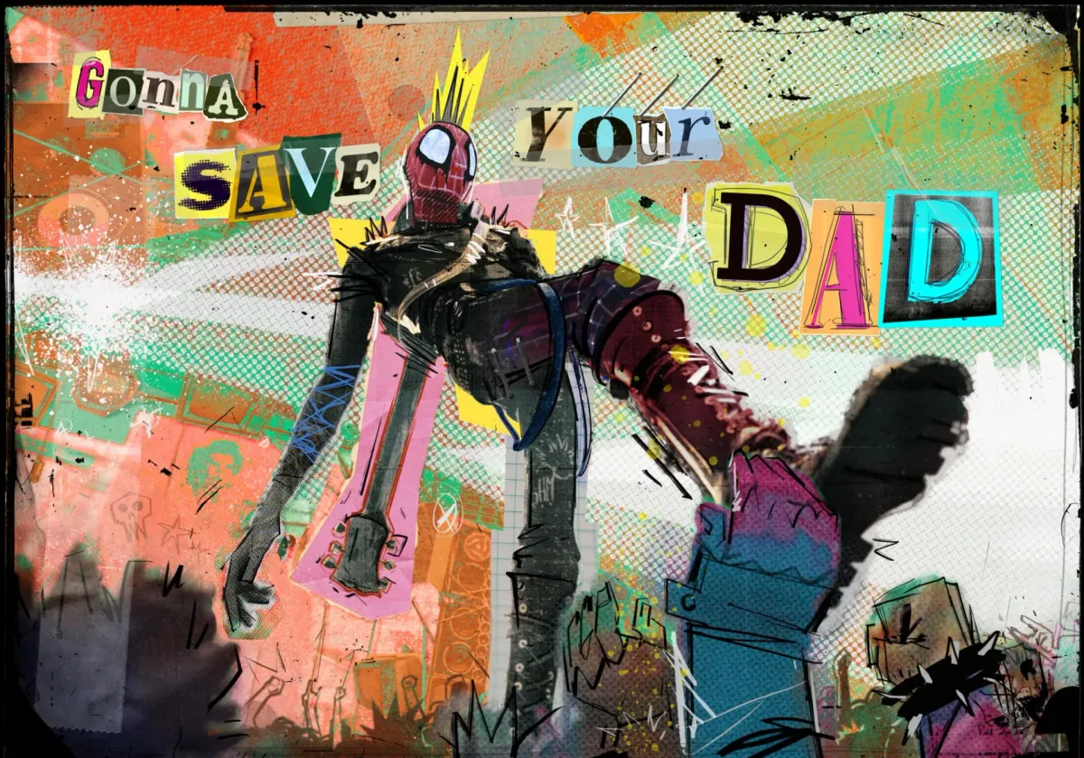 Collage-style promotional art for Spider-Man: Beyond the Spider-Verse reading 'Gonna save your dad'