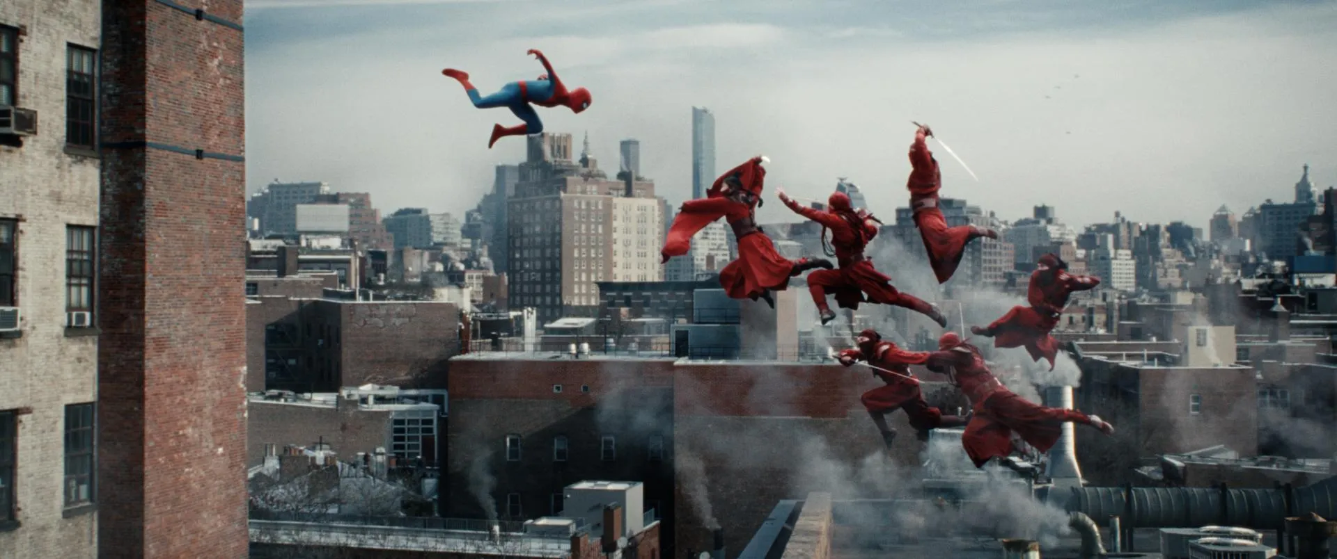 Spider-Man facing off against The Hand ninjas on a New York rooftop in Spider-Man: Brand New Day