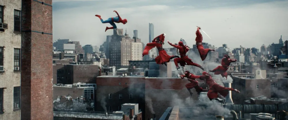 Spider-Man facing off against The Hand ninjas on a New York rooftop in Spider-Man: Brand New Day