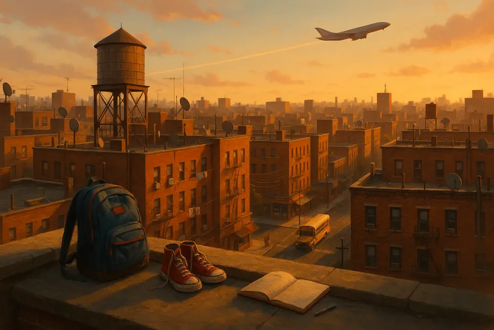 Spider-Man hanging upside down with a New York skyline and Avengers Tower in the background