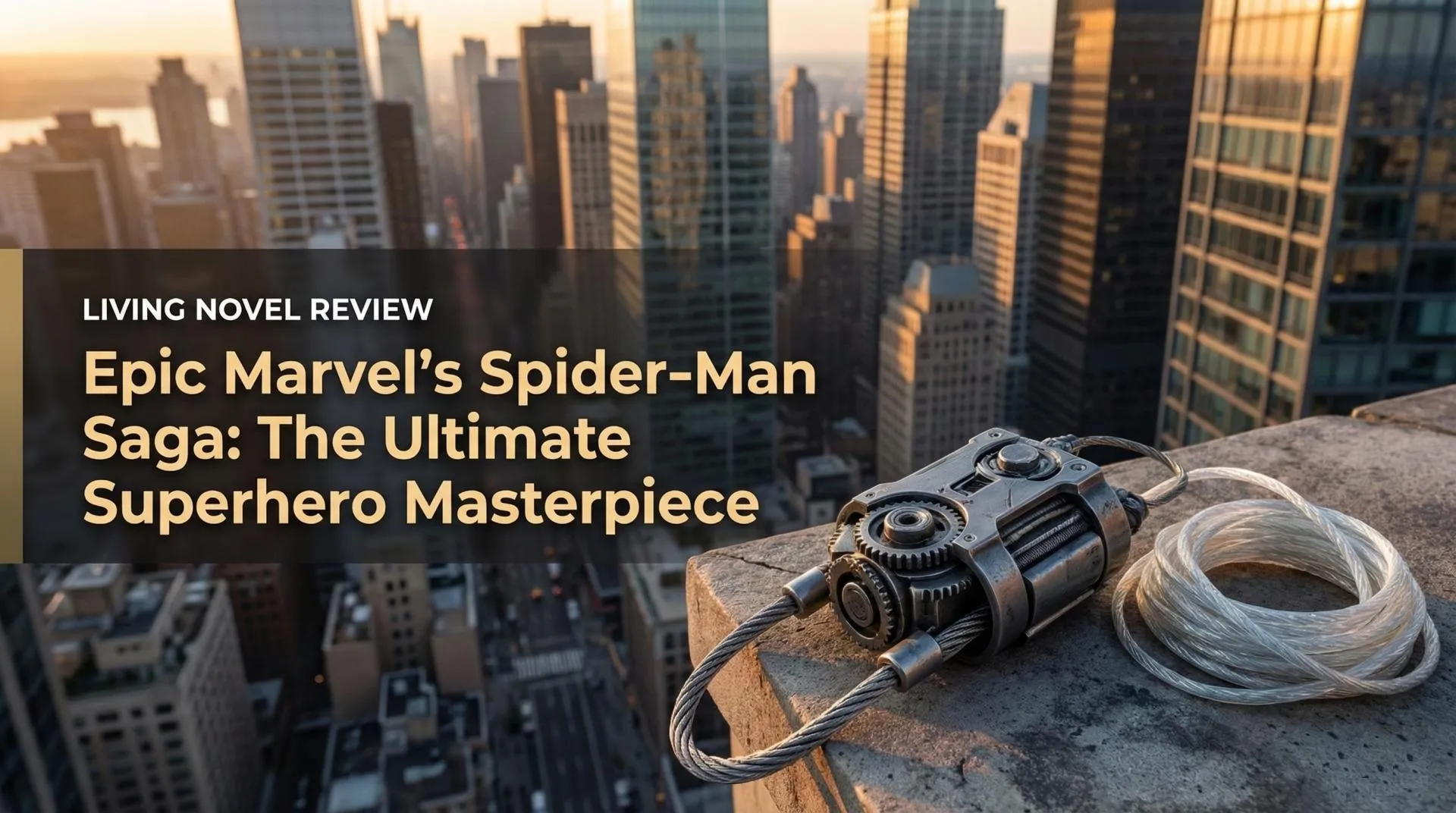 Peter Parker and Miles Morales swinging through a sunset New York City