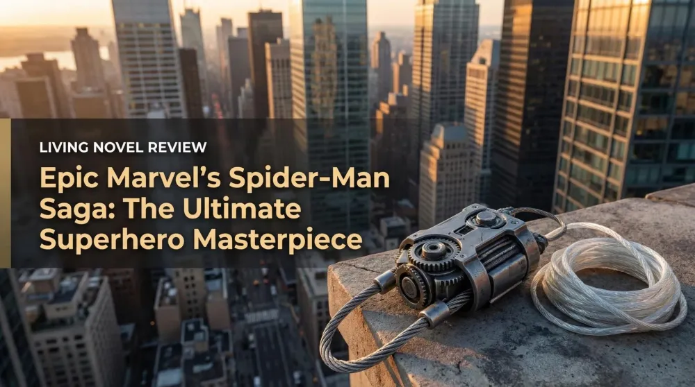 Peter Parker and Miles Morales swinging through a sunset New York City