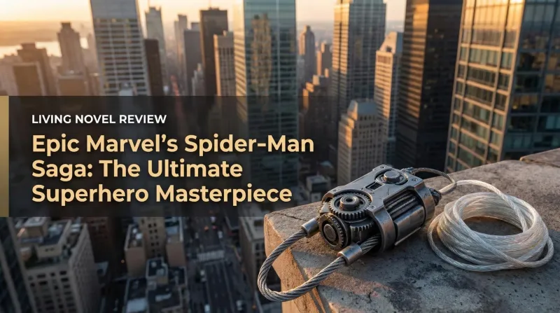 Peter Parker and Miles Morales swinging through a sunset New York City