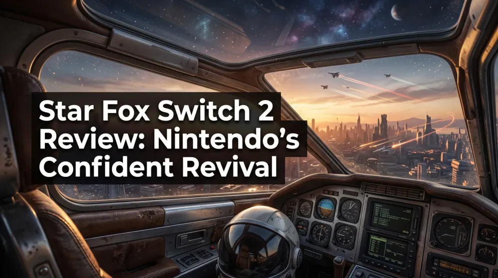 Fox McCloud's Arwing banking through a laser-lit canyon in Star Fox on Nintendo Switch 2