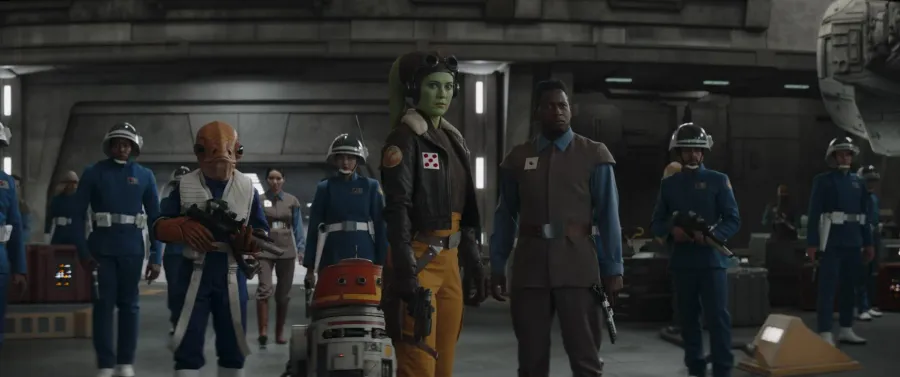 Hera Syndulla, Chopper, Lieutenant Beyta and First Officer Vic Hawkins with New Republic Security Guards in Star Wars: Ahsoka