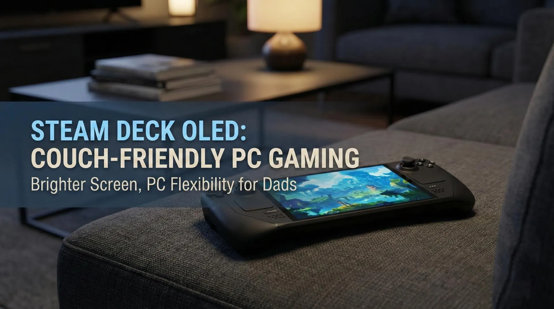 Valve Steam Deck OLED on a couch with UI tiles visible on the bright display