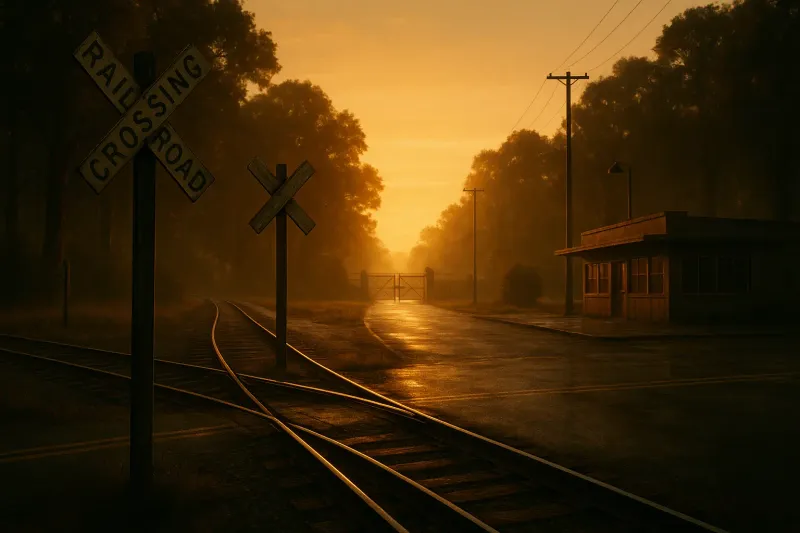 Book cover of The Affair by Lee Child showing a railroad crossing in a rural Southern town
