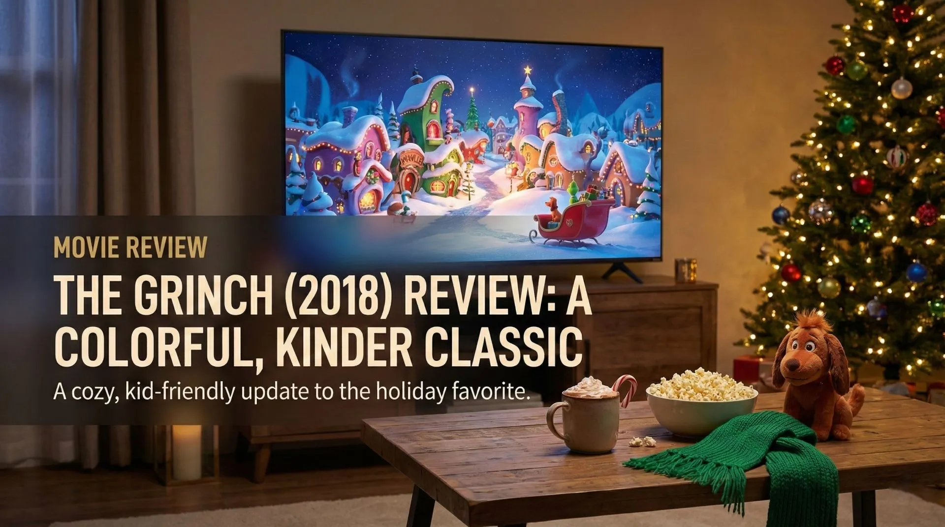 The Grinch and Max the dog looking over Whoville in the 2018 animated movie