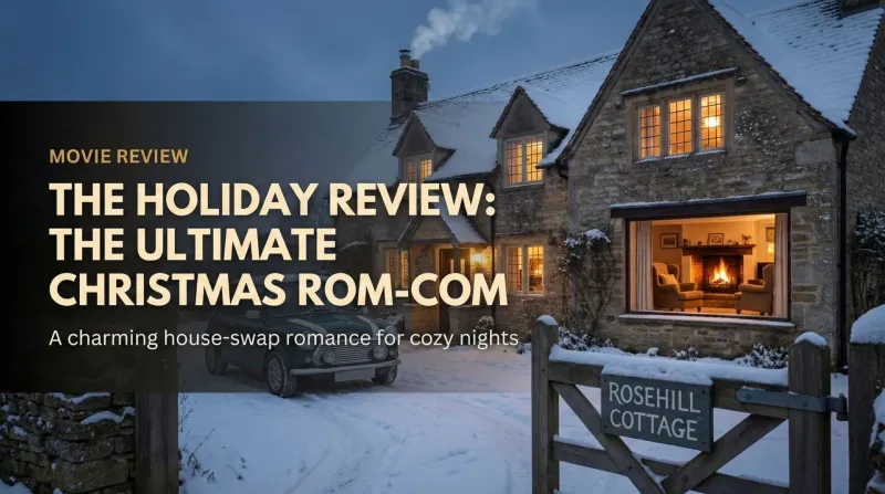 Cameron Diaz and Jude Law walking in a snowy English village