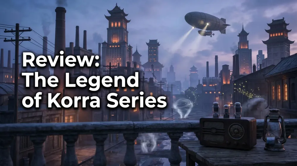 Avatar Korra in a fighting stance against the skyline of Republic City