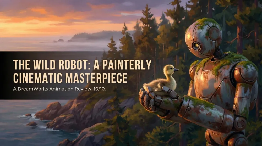 Roz the robot bonding with a gosling in the wilderness in The Wild Robot