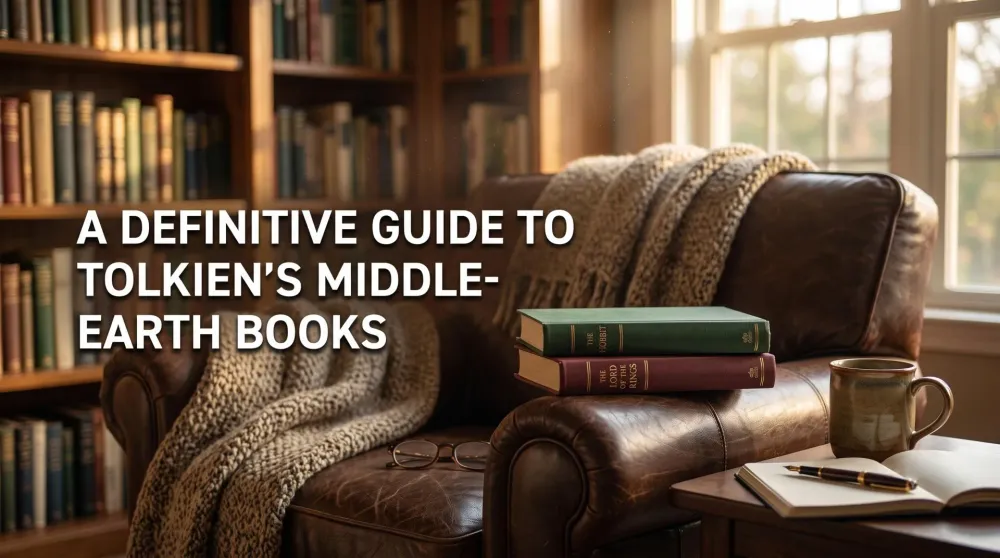 A stack of Tolkien's Hobbit and Lord of the Rings books beside a map of Middle-earth