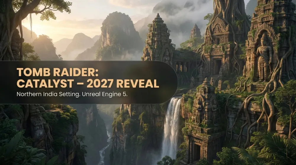 Lara Croft looking out over the mountains of Northern India in Tomb Raider: Catalyst