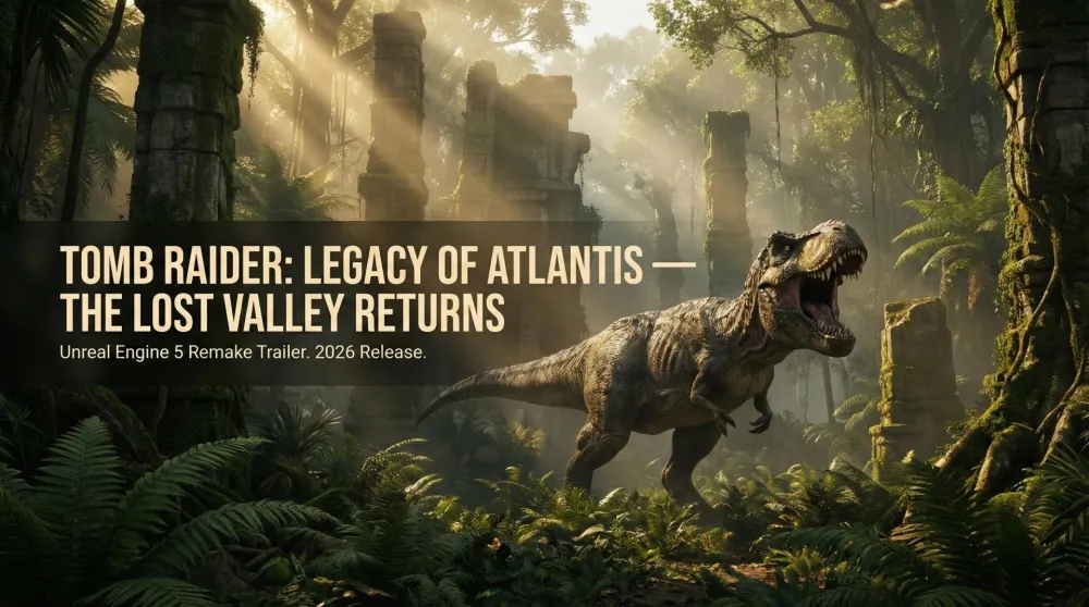 Lara Croft facing a T-Rex in the lush jungle of the Lost Valley