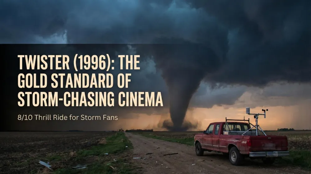 Helen Hunt and Bill Paxton chasing a tornado in their red truck in Twister
