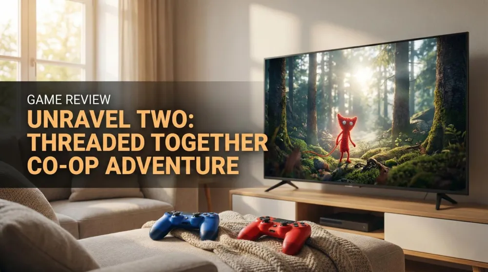 Two Yarnys—one red, one blue—swinging across a sunlit forest stream