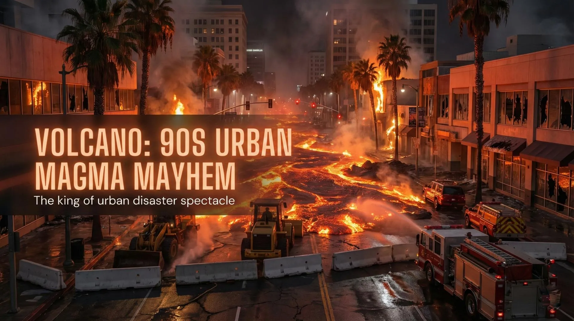 Tommy Lee Jones facing a river of lava in the streets of Los Angeles