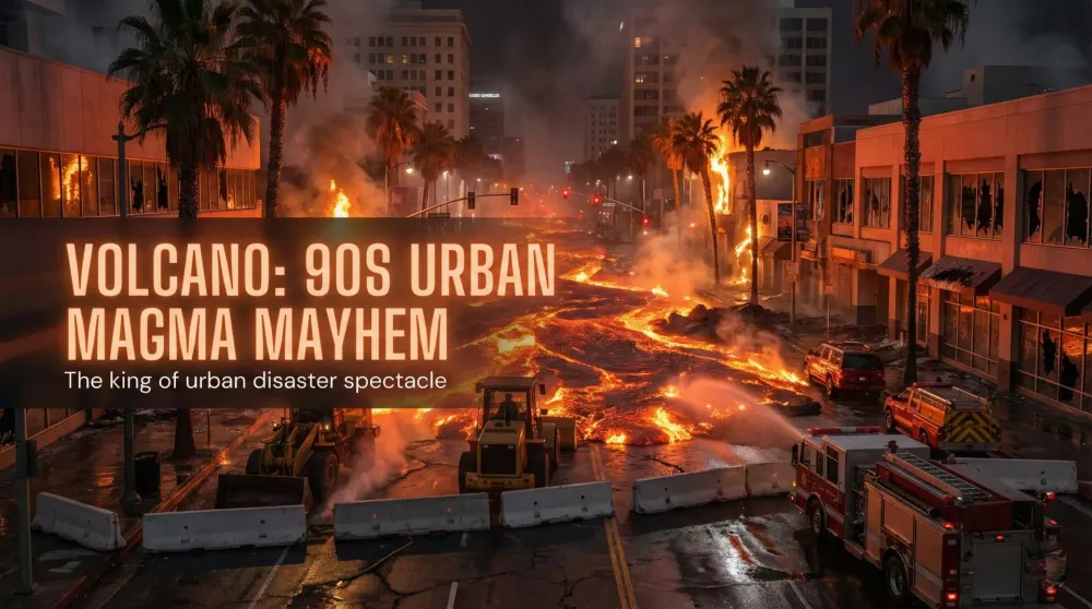 Tommy Lee Jones facing a river of lava in the streets of Los Angeles