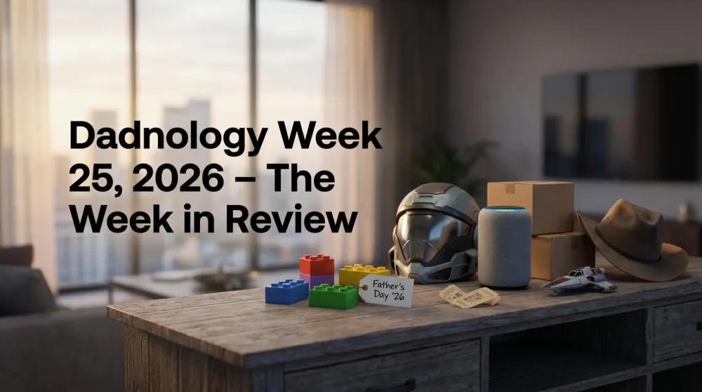 Dadnology Week 25 2026 collage — Amazon Prime Day shopping cart, Halo Master Chief on PlayStation and Xbox, Toy Story 5 and a Wes Anderson home cinema night