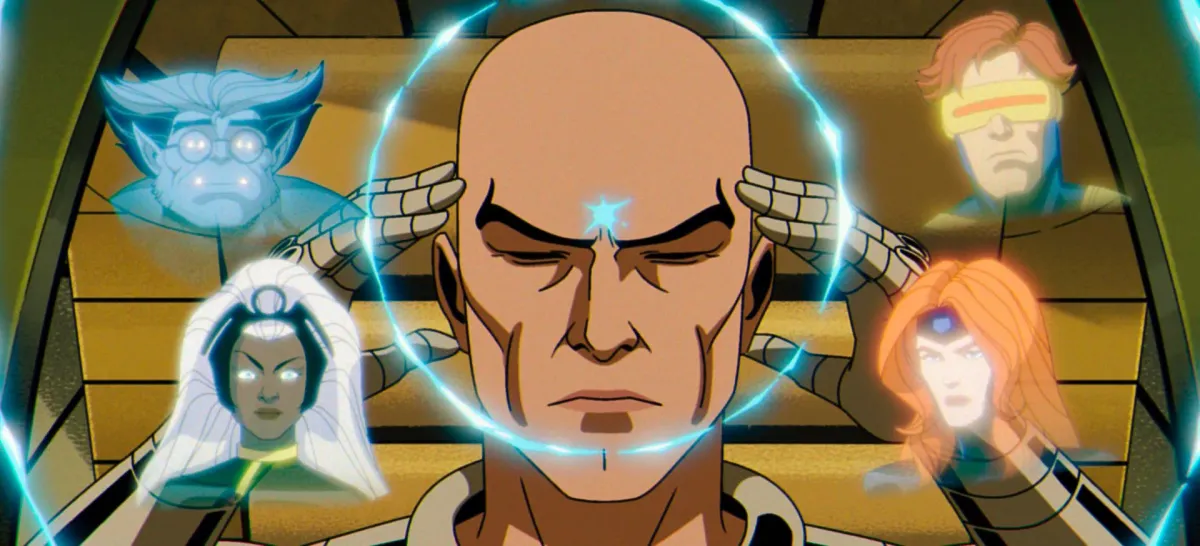 Professor X uses Cerebro flanked by psychic projections of Beast, Storm, Cyclops and Jean Grey in X-Men '97 Season 2