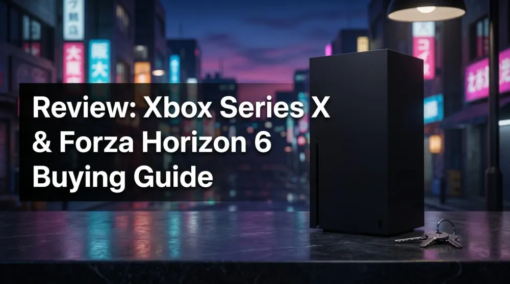 Xbox Series X console next to a TV showing Forza Horizon 6 Japan map at 4K