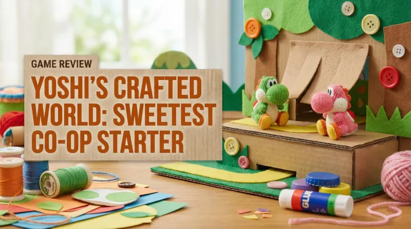Two Yoshis running through a cardboard-and-felt diorama level