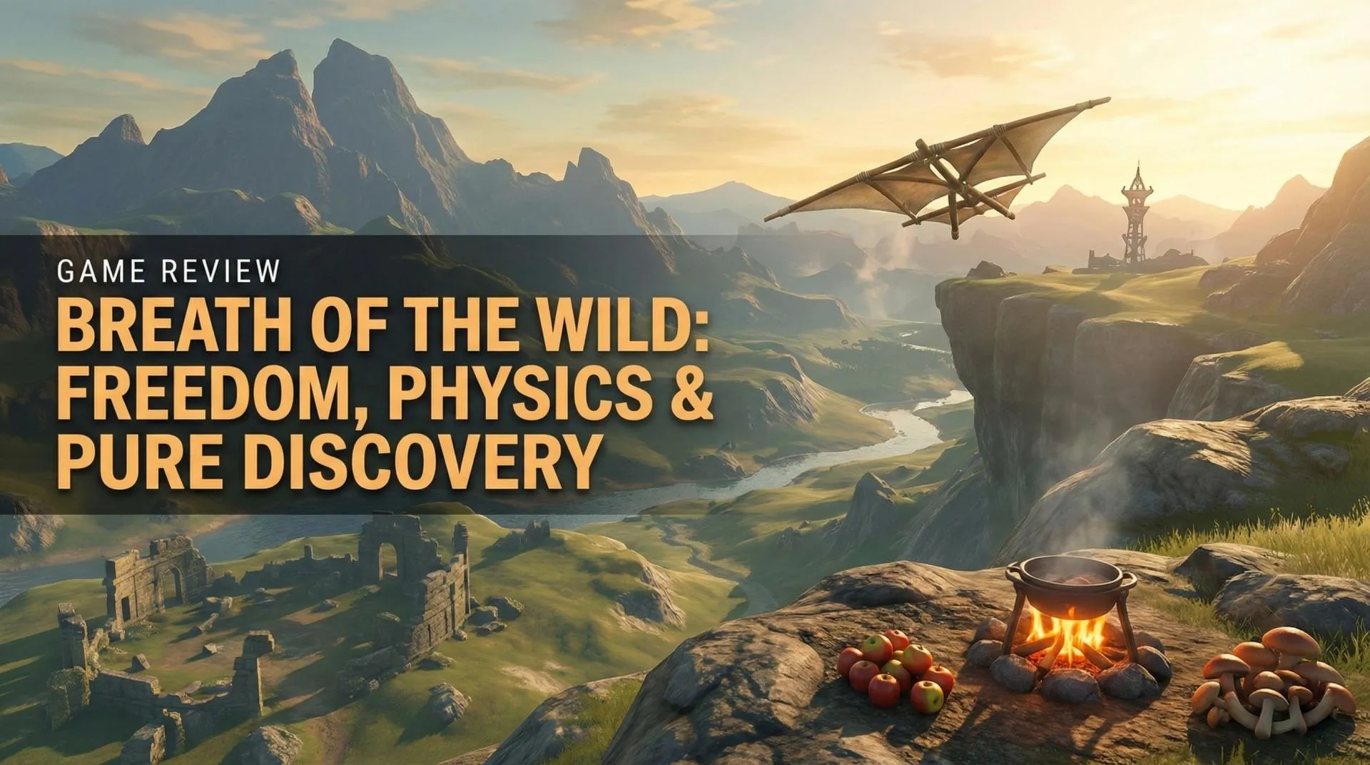Link overlooking a vast Hyrule from a cliff at sunrise