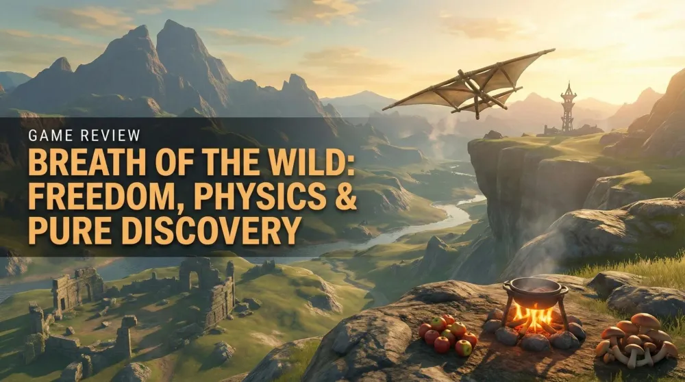 Link overlooking a vast Hyrule from a cliff at sunrise