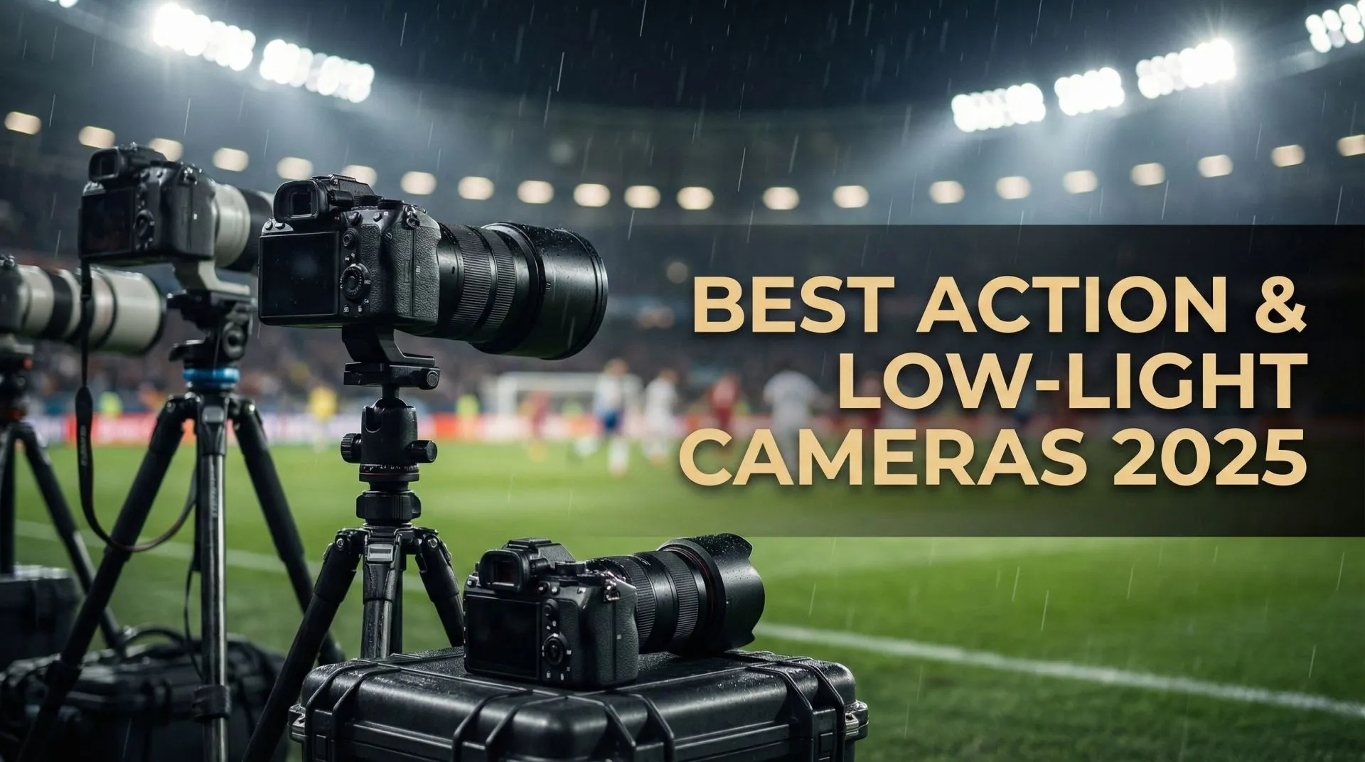 Best Action & Low-Light Cameras 2025 – Nikon Z6 III and Rivals Modern mirrorless cameras with fast telephoto lenses on a stadium sideline at night